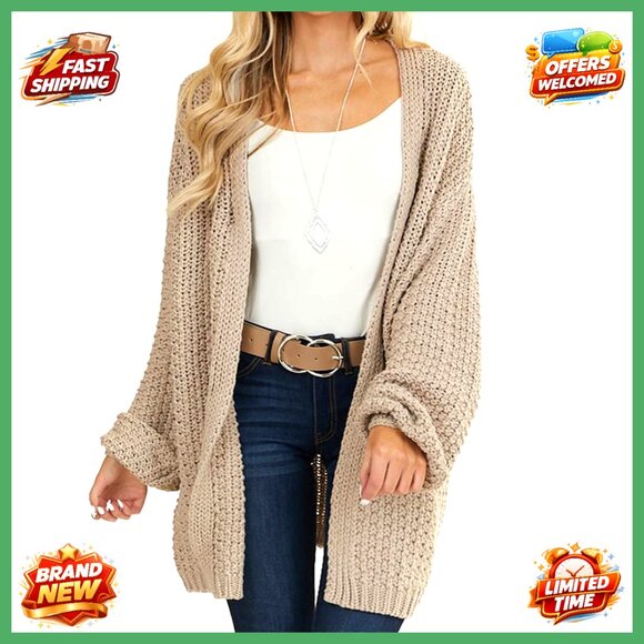Oversized Chunky Knit Cardigan Open Front Long Sleeve Acrylic Midi Length